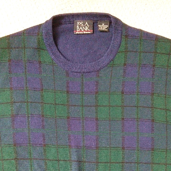 Jos. A. Bank Men's Medium Merino Wool Blue Green Plaid Pullover Sweater Academia - Picture 1 of 6